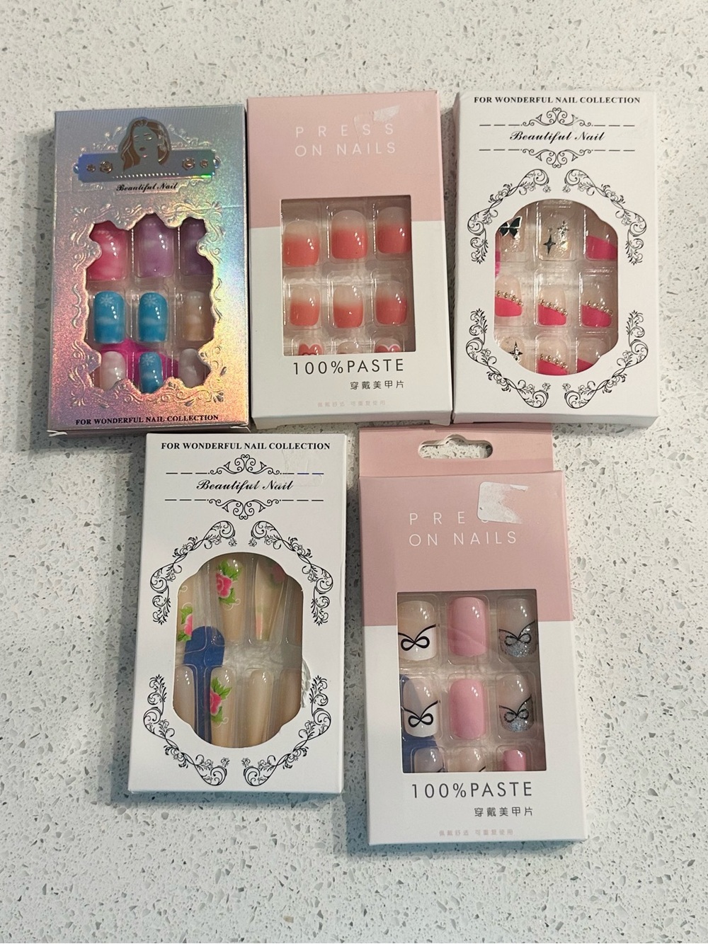 5 Press On Nails - Pink & Blue Ombre and Floral Styles